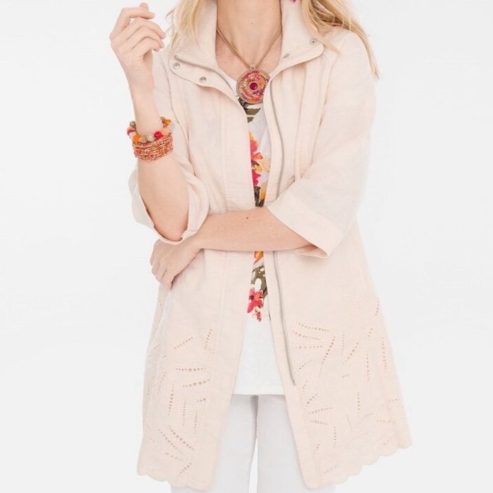 Chico’s Women’s Jacket 100% Linen 3/4 Sleeve Zip Up